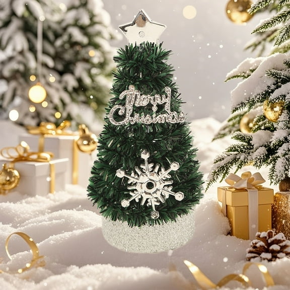 Small Christmas Tree Table Top Christmas Tree with Wood Base, Star Tree Topper Winter Snow and Different Ornaments Tabletop Trees for Christmas Party Home Office Decoration(4PC-B)