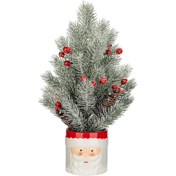 Small Christmas Tree Tabletop Snowman Potted Plants with Vase 14.2" Artificial Mini Xmas Tree Decorations Slim Pine Needles Plant with Christmas Ball Ornaments Berries Pine Cones Home Christmas Decor