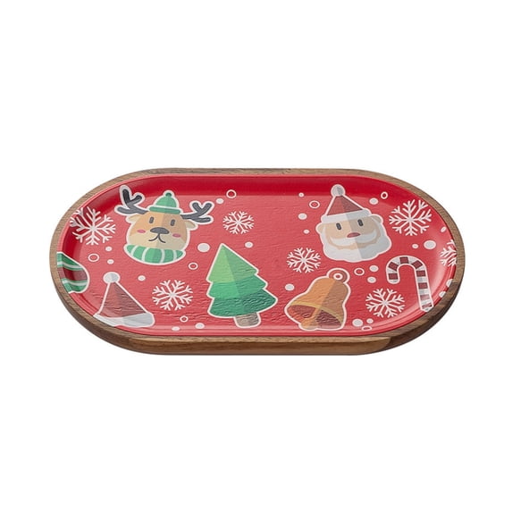 Small Christmas Wooden Serving Tray With Holiday Print,Red Oval Dessert Platter For Coffee, Cookies, Candle Display And Compact Table Decor