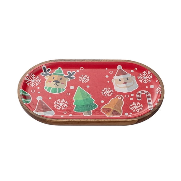 Small Christmas Wooden Serving Tray With Holiday Print,Red Oval Dessert Platter For Coffee, Cookies, Candle Display And Compact Table Decor