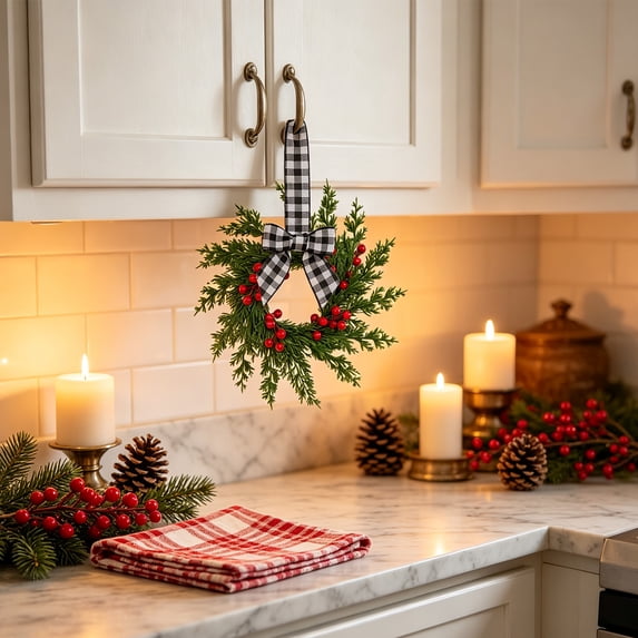 Small Christmas Wreath, 10.6 Inch Mini Christmas Wreath with Black White Plaid Bow and Red Berries, Norfolk Pine Wreath for Kitchen Cabinets, Window Door Wall Mantel Holiday Decor