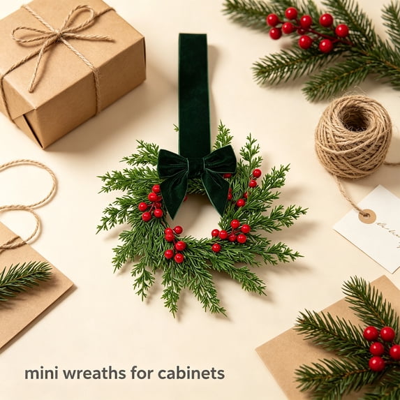 Small Christmas Wreath, 10.6 Inch Mini Christmas Wreath with Green Velvet Bow for Kitchen Cabinets, Mini Wreaths for Cabinets, Window, Door, Wall & Holiday Decor