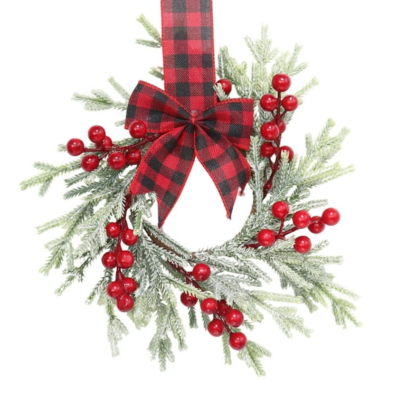 Small Christmas Wreath 11.8 Inch, Mini Cabinet Wreaths with Red Berry Pine Bow, Vintage Farmhouse Christmas Decor for Kitchen Window Door Fireplace Candle -1PCS