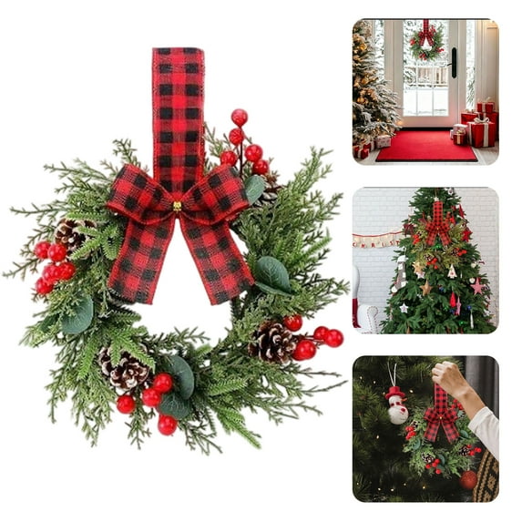 Small Christmas Wreath 11.8 Inch, Mini Cabinet Wreaths with Red Berry Pine Bow, Vintage Farmhouse Christmas Decor for Kitchen Window Door Fireplace Candle -1PCS
