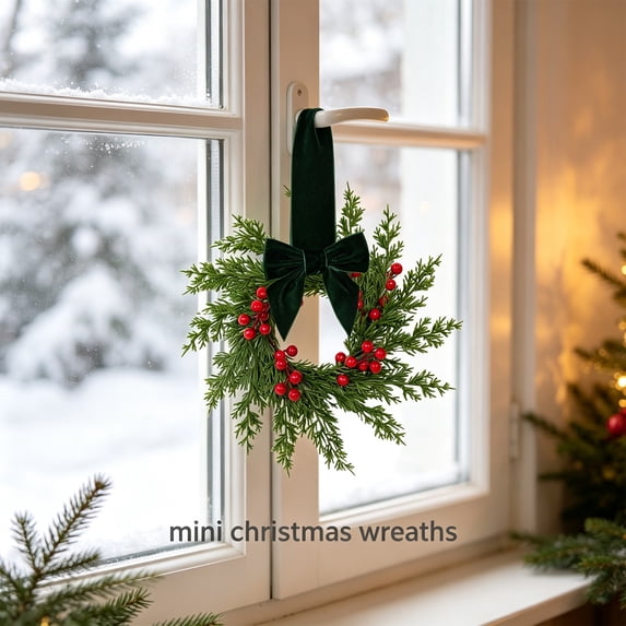 Small Christmas Wreath 1pc for Front Door, Window and Indoor Holiday Decor, Mini Decorative Wreath with Bow for Home Entryway, Wall and Porch