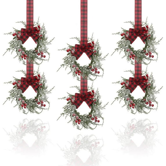 Small Christmas Wreath, 6 Pcs 6" Mini Christmas Wreaths for Cabinets, Small Cabinet Wreaths for Kitchen Cabinet Window Door Farmhouse Christmas Party Decorations Candle Rings Fireplaces (C)