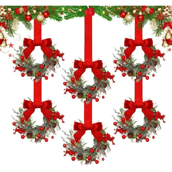 Small Christmas Wreath, 6 Pcs 6" Mini Christmas Wreaths for Cabinets, Small Cabinet Wreaths for Kitchen Cabinet Window Door Farmhouse Christmas Party Decorations Candle Rings Fireplaces (A)