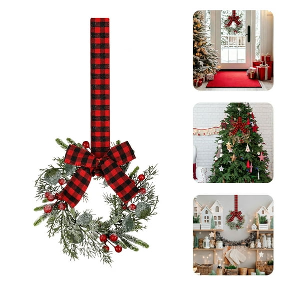 Small Christmas Wreath 9 Inch, Mini Cabinet Wreaths with Red Berry Pine Bow, Vintage Farmhouse Christmas Decor for Kitchen Window Door Fireplace Candle -1PCS
