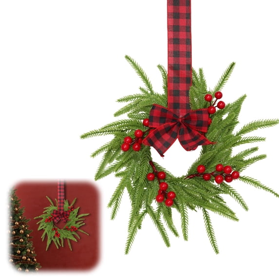 Small Christmas Wreath Berry Accented Mini Artificial Christmas Wreath Pine Greenery Hanging Wreath for Shelf Farmhouse Home Window Door DIY Xmas Holiday Party Decor 1Pcs