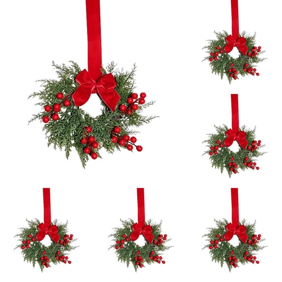 Small Christmas Wreath,Christmas Velvet Wreath, Small Greenery Wreath Ornament With Red Berry Accents, Festive Hanging Decor For Door Wall Window Indoor Holiday Home Decor,5 PC