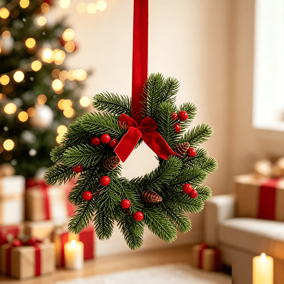 Small Christmas Wreath, Mr. Christmas Wreath,Christmas Wreath Door Hanger With Bow Ribbon Holiday Hanging Decoration For Front Door Wall Closet Fireplace Mantel Indoor Home Decor, 1 PC