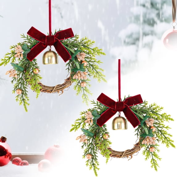 Small Christmas Wreaths, Mini Xmas Wreaths Cabinet for Kitchen Window Chair Backs, with Ribbon Velvet Bow and Bell, Artificial Greenery, Farmhouse Holiday Decoration