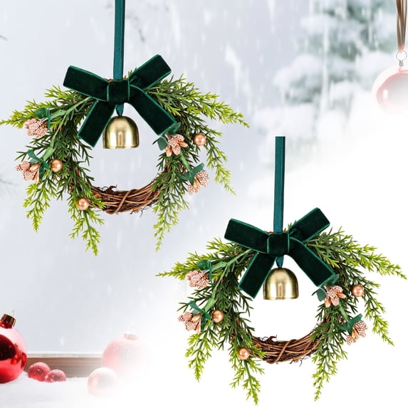 Small Christmas Wreaths, Mini Xmas Wreaths Cabinet for Kitchen Window Chair Backs, with Ribbon Velvet Bow and Bell, Artificial Greenery, Farmhouse Holiday Decoration