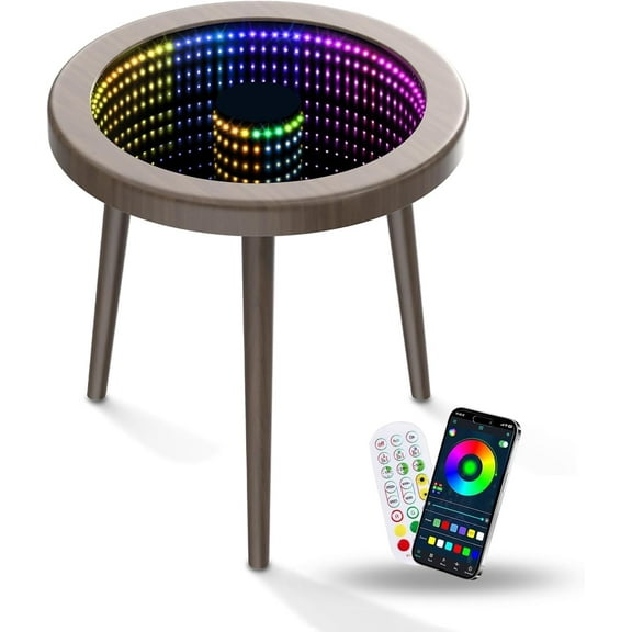 Small Circle Coffee Table, Infinity Mirror Table, Small Round Side Table, for Home Living Room, Office,Tempered Glass Surface with RGB LED Lighting Smart Control, Office and Bedroom-Grey