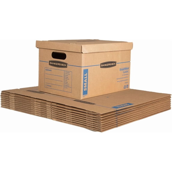 Small Classic Moving Box, 10-Pack, Reinforced Handles, Tape-Free Assembly, 15 x 12 x 10 Inches (7714901)