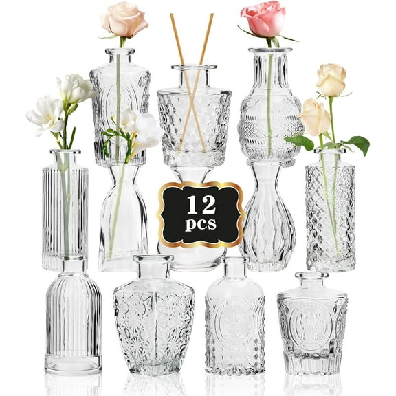 Small Clear Bud Vases Bulk 12 Pack Mini Flower Glass Vases for Centerpiece Table Wedding Decorations Home Decor Party(Transparent)