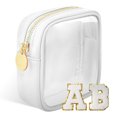 thumbnail image 1 of Small Clear Makeup Bag with Chenille Letter Patches & Sticker, Waterproof Mini Travel Toiletry Cosmetic Pouch with Zipper, Portable Cute Transparent Preppy Purse Organizer for Women White, 1 of 8