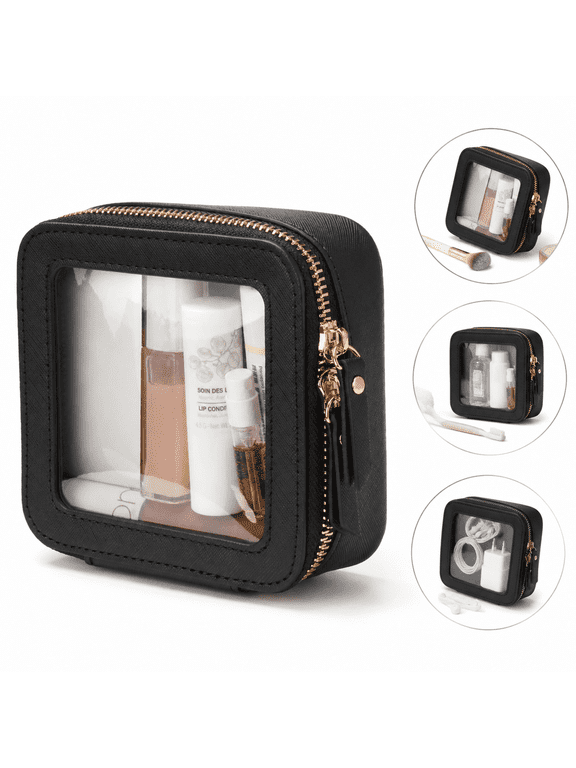 Small Clear Makeup Bag, Mini Makeup Bag, Purse Organizer Insert, Waterproof PU Leather Transparent Square Pouches for Purse, Clear Purse Tiny Zipper Toiletry Organizer for Travel Car Essentials