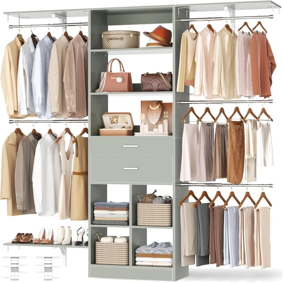 Small Closet System - 5FT Closet Organizer System with Wooden Drawers, 60 Inches Walk In Closet System With 5 Hanging Rods, Can Fit 1.58 to 6.8 FT with Reversible Hanging Shelving, Crab Green