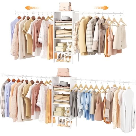 Small Closet System with Shelves, 5FT-8FT Closet Organizer System, Wooden Shelves for Closet with 2 Rods, Walk-in Closet Organizer, Adjustable Wardrobe Clothes Rack, Garment Rack, Pure White