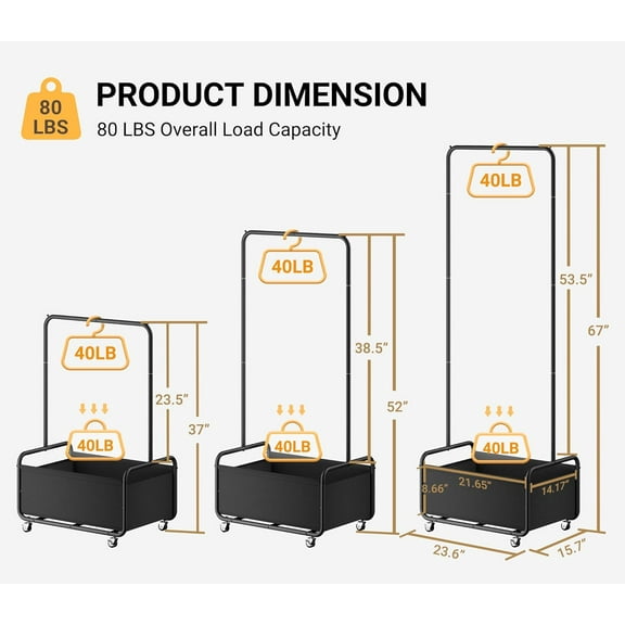 Small Clothes Rack with Wheels, Heavy Duty Metal Garment Rack, 2-in-1 with Basket, Clothes Racks for Hanging Clothes, 15.7" x 23.6" x 67", Black