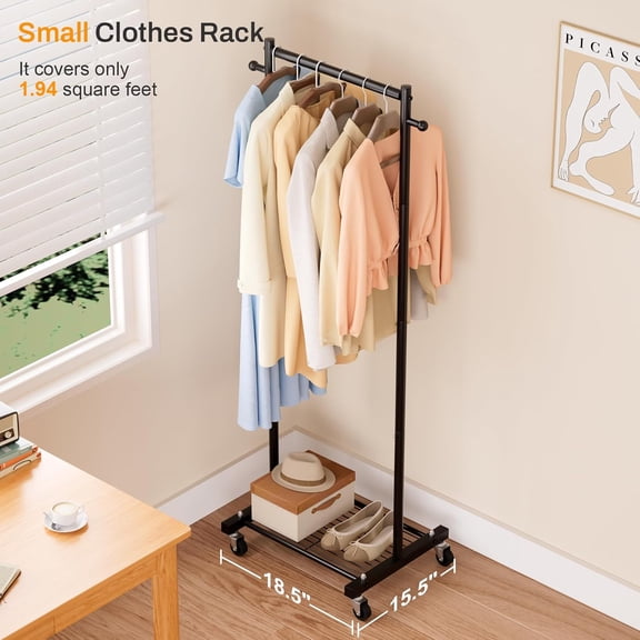 Small Clothes Racks for Hanging Clothes Clothing Rack with Wheels 60" Metal Garment Rack with Shelves Portable Rolling Wardrobe Rack for Small Space, Black