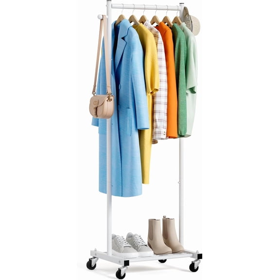 Small Clothes Racks for Hanging Clothes Clothing Rack with Wheels 60" Garment Rack with Shelves Portable Rolling Wardrobe Rack for Small Space, White