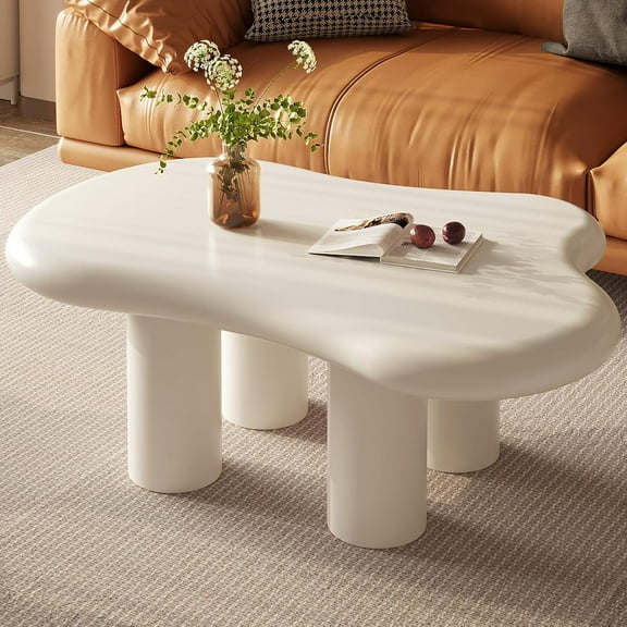 Small Cloud Coffee Table, 35.82" Cute Cream White Modern Tea Table, Irregular Low Center Table for Small Spaces Living Room Bedroom, Simple End Table with 4 Legs