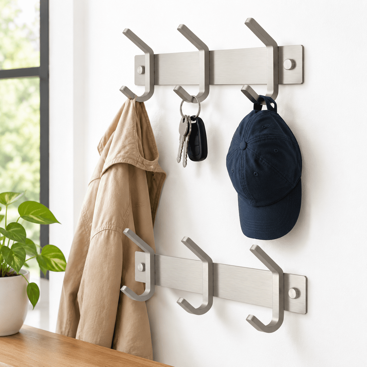 Outside Double Railing Small Coat Rack Wall Mount - Brushed Nickel 9 Inch Stainless Steel Hook ...