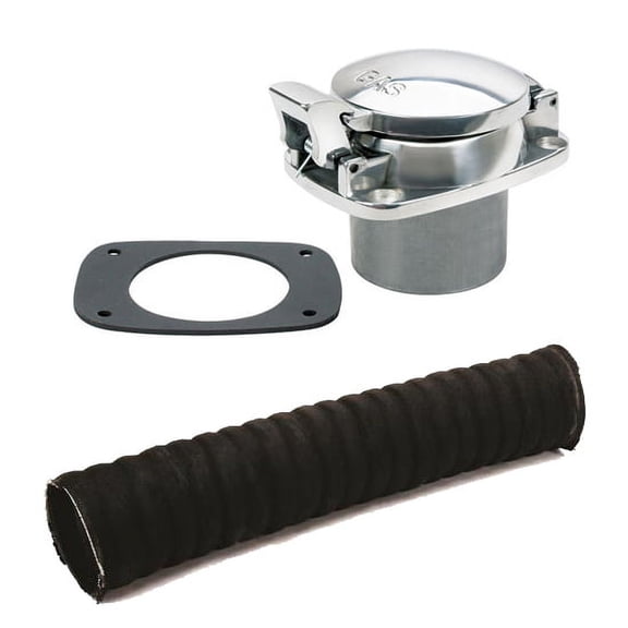Speedway Motors Small Cobra Style Fuel Filler Neck Gas Cap and Hose Kit Polished Aluminum Flip Top Latch 2 Inch ID Hose Universal Fit Compact Design