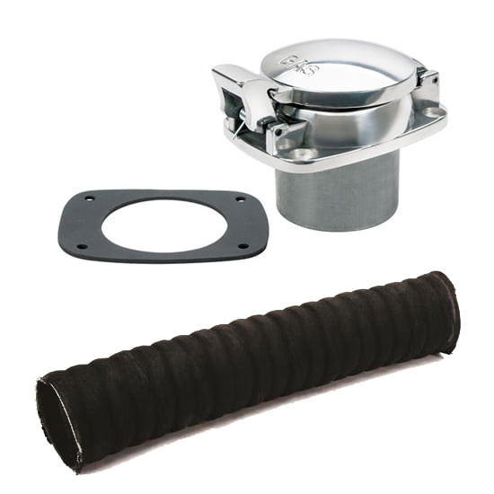 Speedway Motors Small Cobra Style Fuel Filler Neck Gas Cap and 2 Inch Fuel Filler Hose Kit Polished Aluminum Flip Top Vented Cap with Hardware Universal Fit