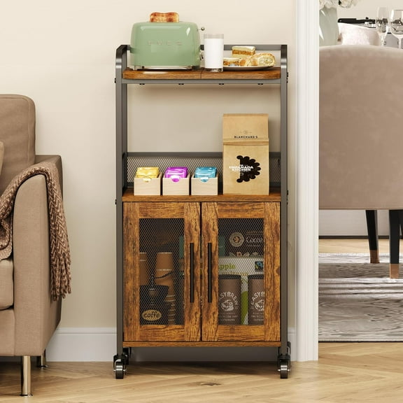 Small Coffee Bar Cabinet with Storage, 3-Tier Rolling Coffee Bar Table, Farmhouse Coffee Cart Station with 2 Doors for Living Room, Dining Room, Rustic Brown