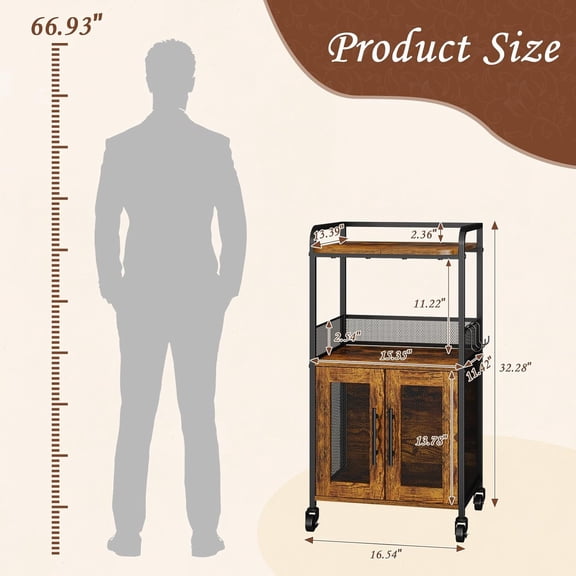 Small Coffee Bar Cabinet with Storage, 3-Tier Rolling Coffee Bar Table, Farmhouse Coffee Cart Station with 2  for Living Room, Dining Room, Rustic Brown
