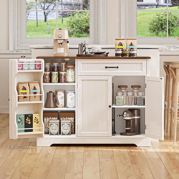 42’’ Coffee Bar Cabinet and Coffee Station, Noelse Sideboard Buffet with Storage Drawers, Small Pantry with Door Shelves for Kitchen Living Room, White and Rustic