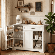 42  Coffee Bar Cabinet and Coffee Station, Noelse Buffet Cabinet with Storage Drawers, Small Pantry with Door Shelves for Kitchen Living Room, White