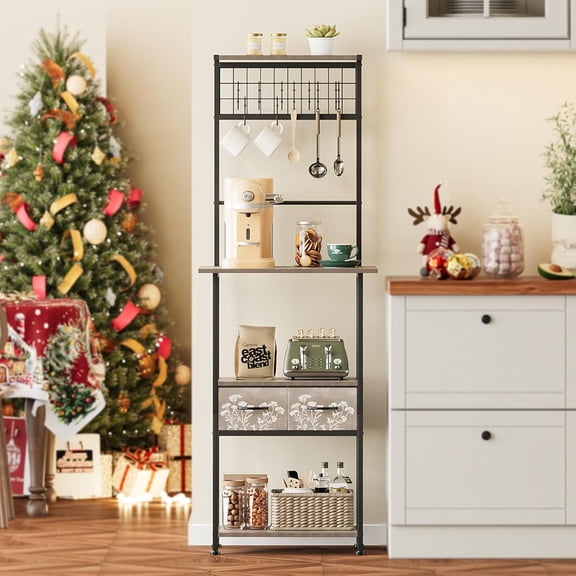 Small Coffee Bar Station Narrow Corner Baker Rack Stand with 2 Storage Fabric Drawers 5 S Hooks for Small Spaces Farmhouse Bakers Rack for Kitchen, Entryway, Living Room (Grey, Narrow)