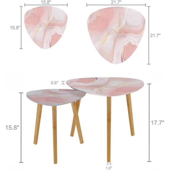 Small Coffee Nesting Table Pink Marble Rose Gold Modern Minimalist Side Table Triangle End Tea Table Center Table Set of 2 for Living Room Bedroom