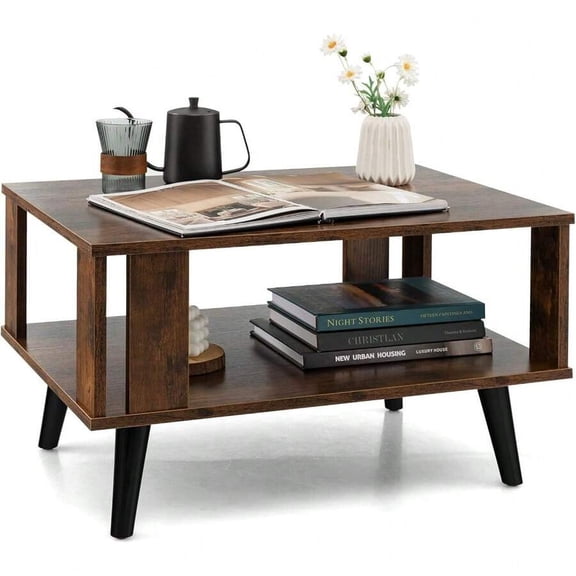 Small Coffee Table For Living Room, 2-Tier Wooden Center Table With Open Storage Shelf, Side Baffle, Easy Assembly, Industrial Side Table For Small Space Bedroom (Rustic Brown)