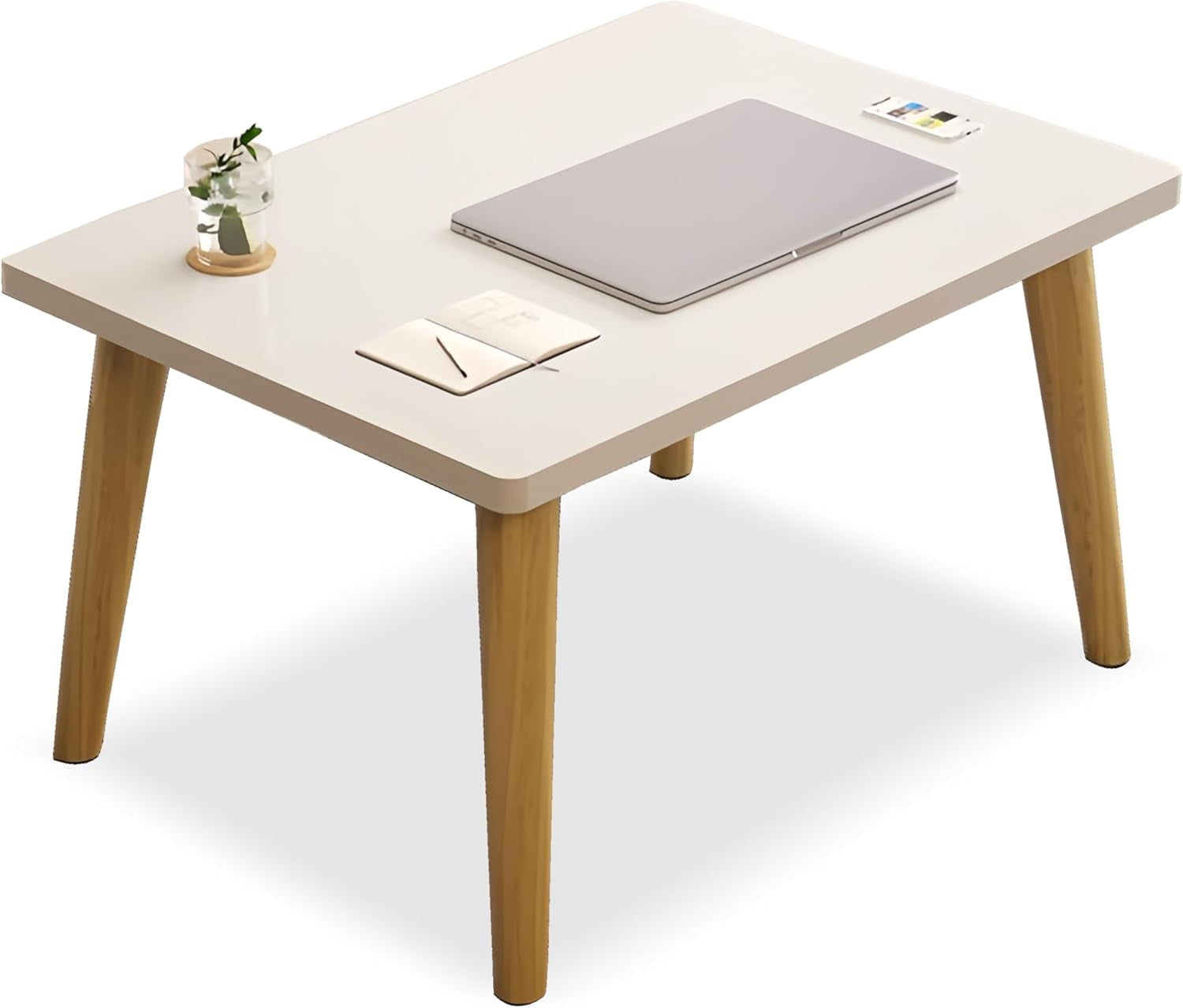 White and Natural Wood Small Coffee Table with Conical Legs
