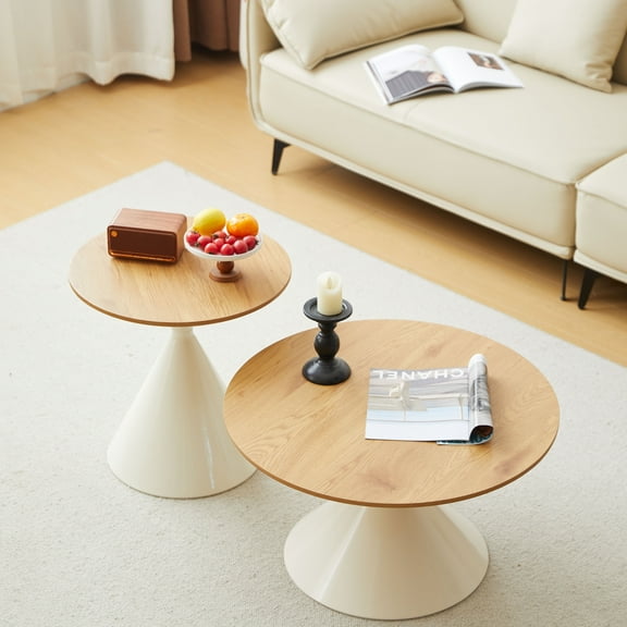 Small Coffee Table Nesting End Table Set of 2, Round Coffee Table Wood Side Table Circle Accent Tables for Small Spaces Living Room Bedroom Balcony Office