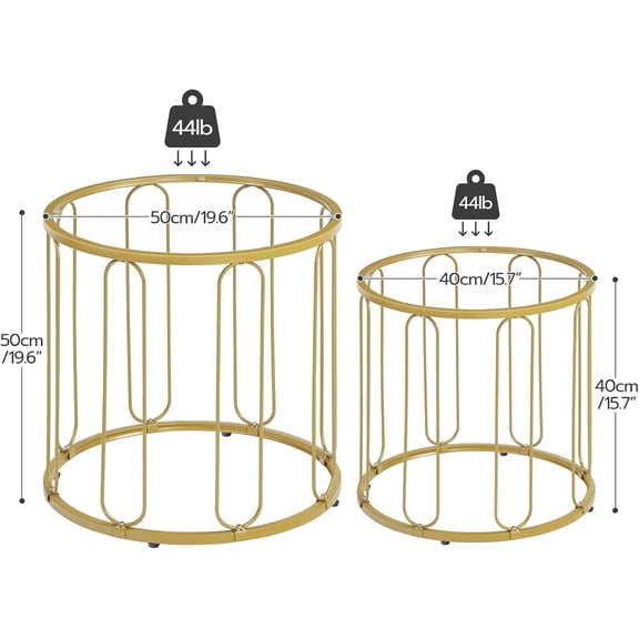 Small Coffee Table Set of 2, Gold Accent End Tables with Metal Frame, Round Coffee Side Table with Tempered Glass Tabletop, for Living Room, Bedroom, Gold GD113BZ01