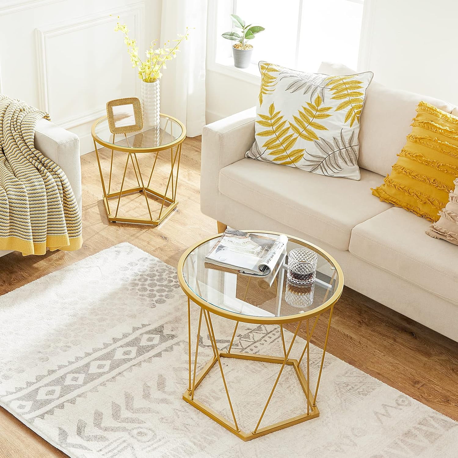 Gold Geometric Frame Round Glass Top Coffee Table Set