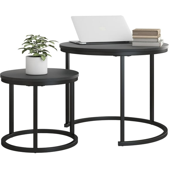 Small Coffee Table Set of 2, Round End Tables for Living Room, Modern Black Nesting Tables, Farmhouse Wood Side Table With Metal Frame, Easy Assembly, Stacking