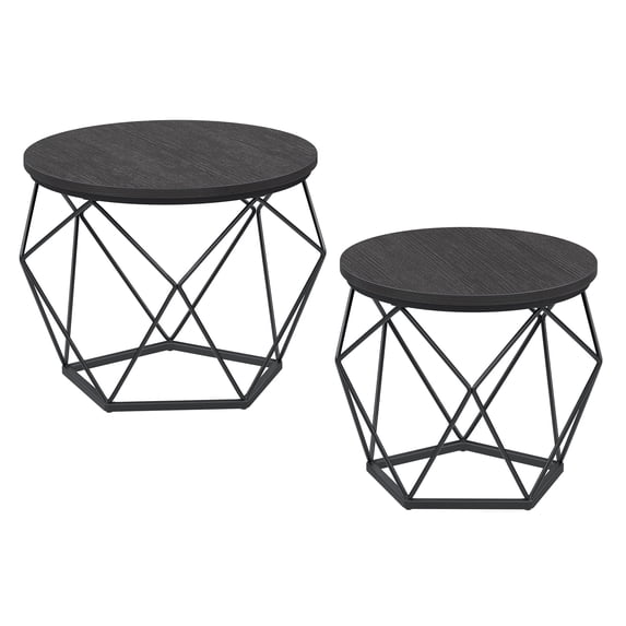 Small Coffee Table Set of 2 Round Coffee Table with Steel Frame Side End Table Charcoal Gray and Ink Black