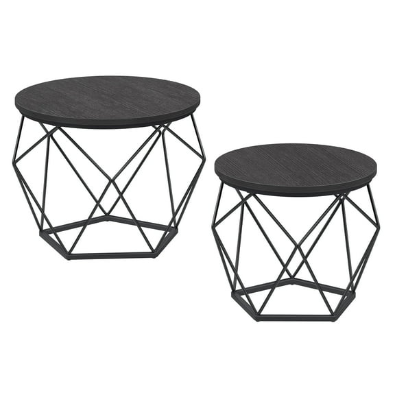 Small Coffee Table Set of 2 Round Coffee Table with Steel Frame Side End Table Charcoal Gray and Ink Black