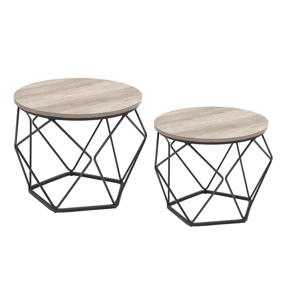 Small Coffee Table Set of 2 Round Coffee Table with Steel Frame Side End Table Greige and Ink Black