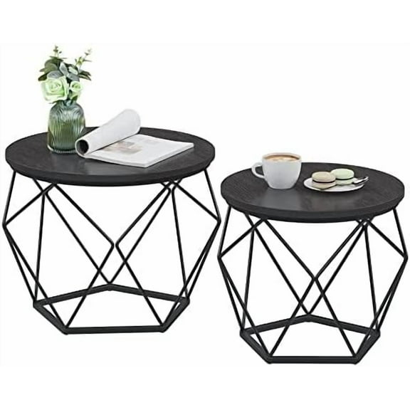 Small Coffee Table Set of 2, Round Coffee Table with Steel Frame, Side End Table for Living Room, Bedroom, Office, Charcoal Gray and Ink Black
