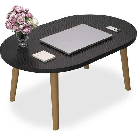 Small Coffee Table for Small Space, Low Table, Floor Table Desk for Sitting on The Floor, Japanese Coffee Table for Living Room, Tatami Tea Tables with Solid Wood Legs, Oval Coffee Tables, Black