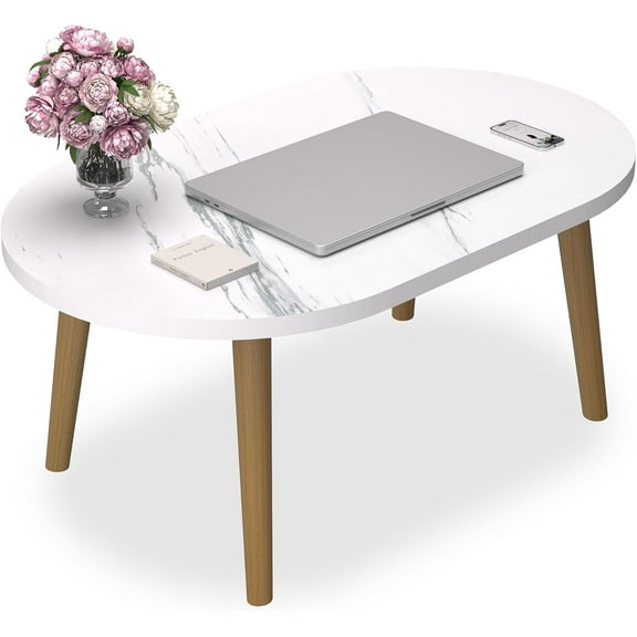 Small Coffee Table for Small Space, Low Table, Floor Table Desk for Sitting on The Floor, Japanese Coffee Table for Living Room, Tatami Tea Tables with Solid Wood Legs, Oval Coffee Tables, White