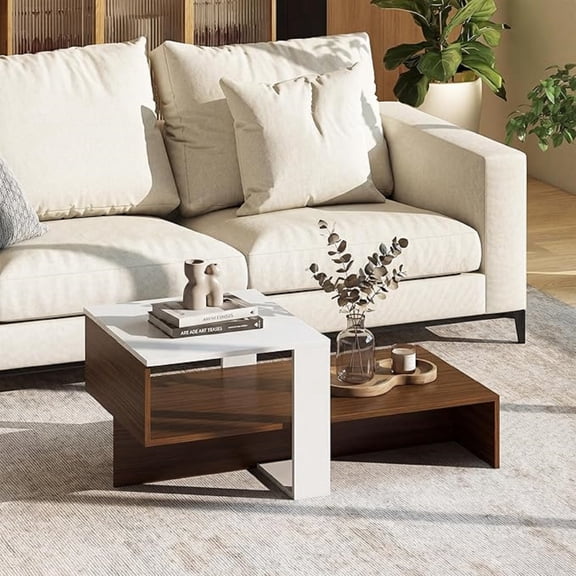Small Coffee Table with Storage, 31.5" Wood Unique Center Table with 2-Tier Shelf, Low Accent Cocktail Tea Table, Mid Century Modern Coffee Table for Living Room, Small Spaces